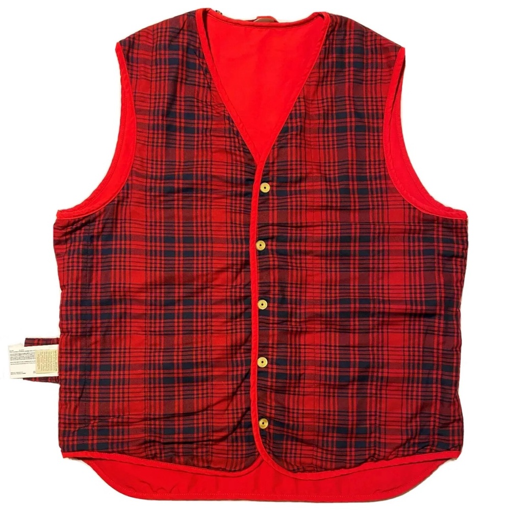 Woolrich Snap Down Red Tartan Lining Back Buckle Pockets Men's Vest Sz M EUC - Picture 7 of 10